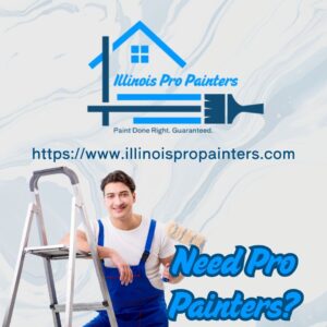 Home 8 A promotional image for illinois pro painters featuring their blue and white logo, the slogan "paint done right. Guaranteed," and the website https://www. Illinoispropainters. Com. A smiling painter in blue overalls is partially visible, kneeling on a silver step ladder and holding a paint roller. The text asks, "need pro painters?